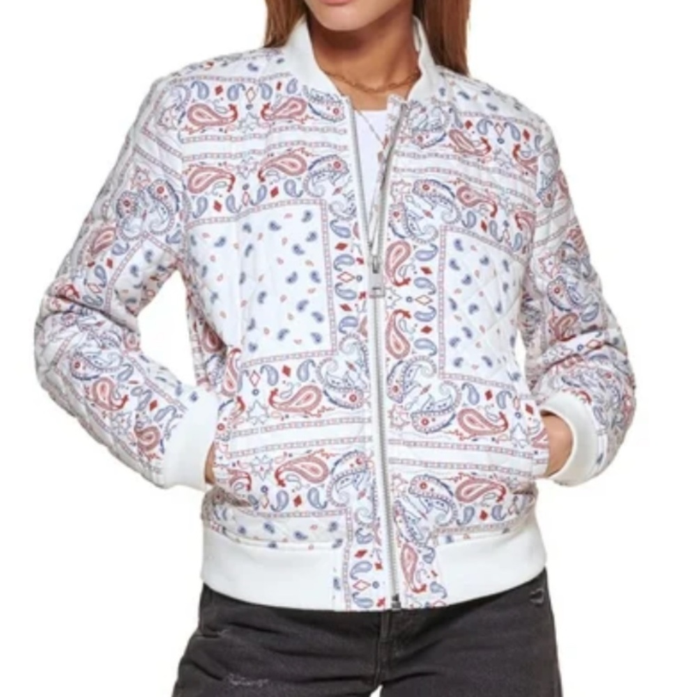 Levis Womens Diamond Quilted White Bandana Print Lightweight Shirt Jacket Medium